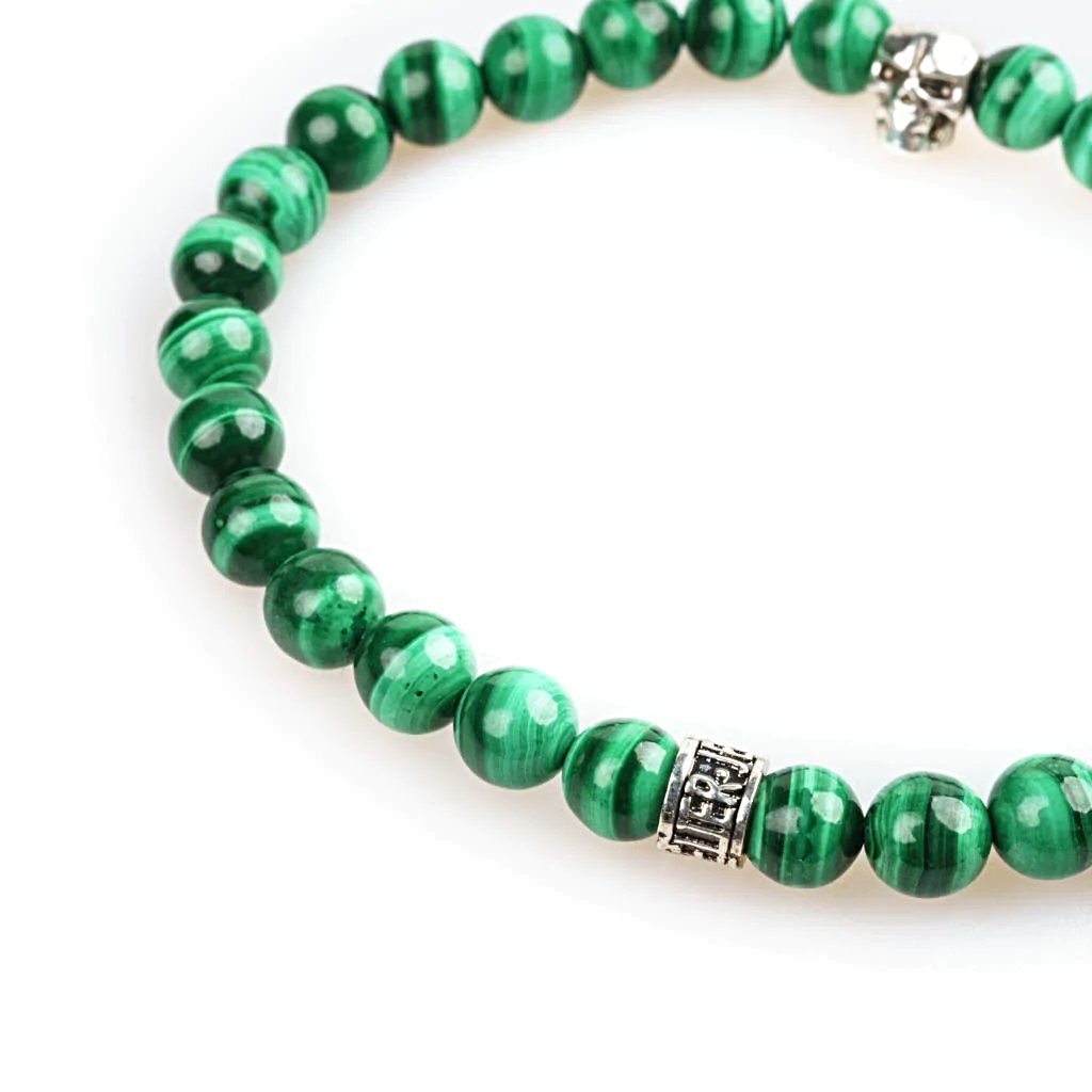 Bracelet skull homme et pierre malachite 6mm