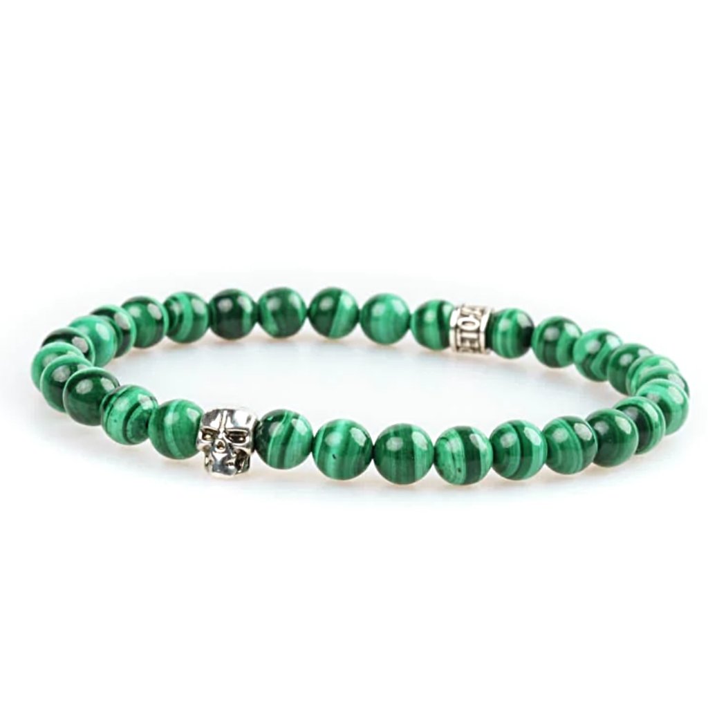 Bracelet tête de mort argent en malachite 6mm