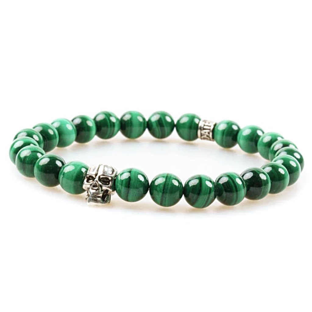 Bracelet tête de mort argent et pierre verte malachite 8mm