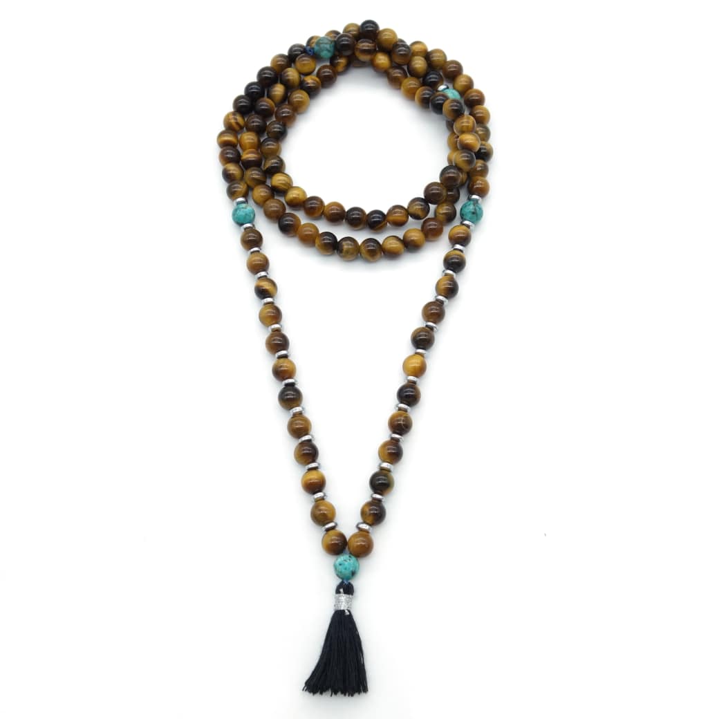 Collier mala tibétain authentique pierre œil de tigre