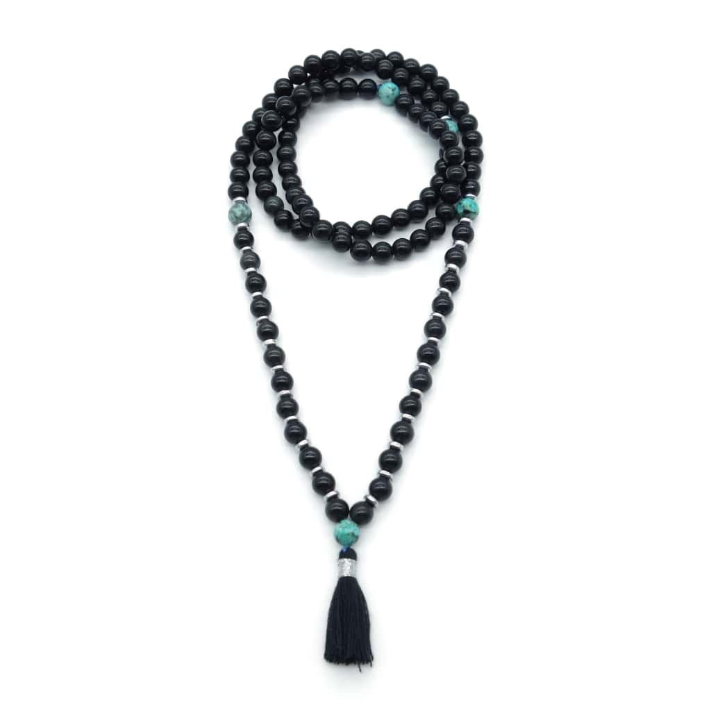 Collier mala tibétain obsidienne et turquoise