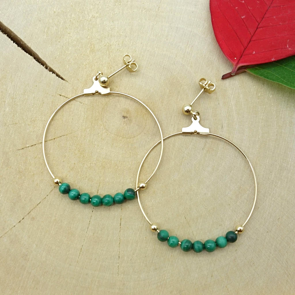 Créoles plaqué or et pierre verte malachite naturelle Jeppeto