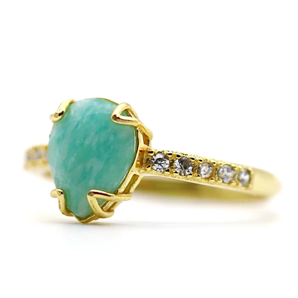 Bague amazonite Soléa avec pierre naturelle bleu-vert en forme de goutte, montée sur argent 925 doré