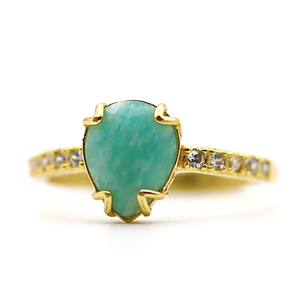 Bague amazonite Soléa en argent 925 doré, pierre naturelle bleu-vert au rendu doux et lumineux