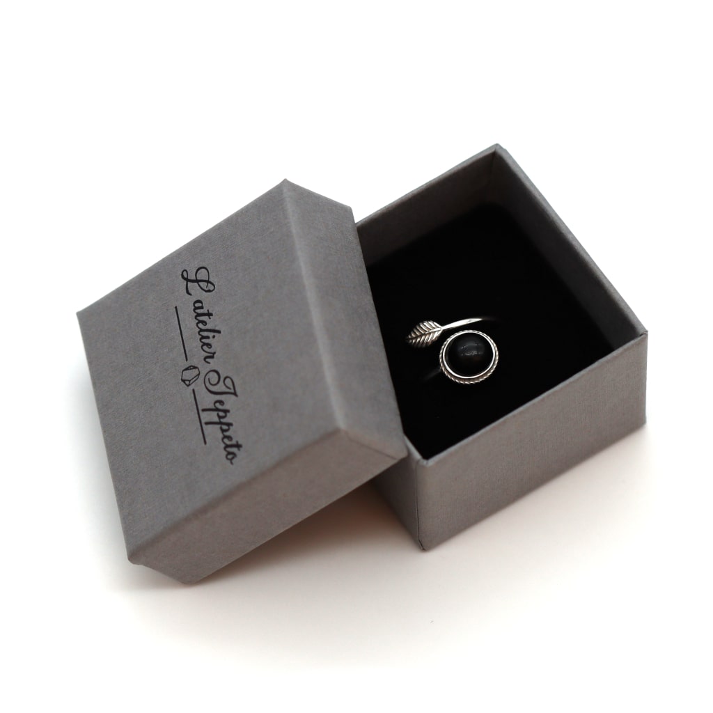 Bague double anneau en pierre noire obsidienne