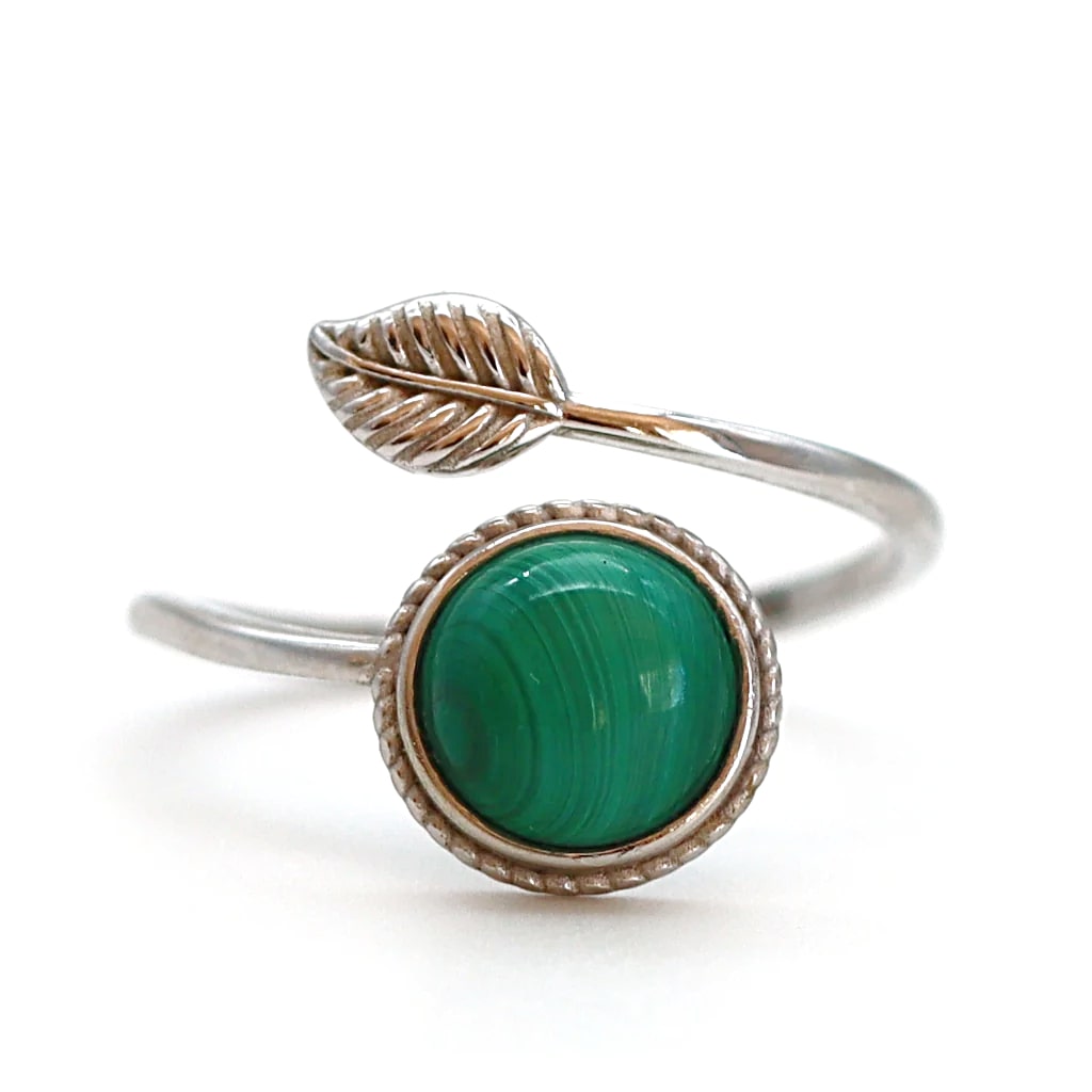 Bague feuille argent et pierre malachite verte