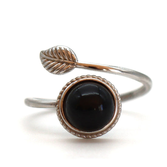 Bague feuille argent pierre et obsidienne noire