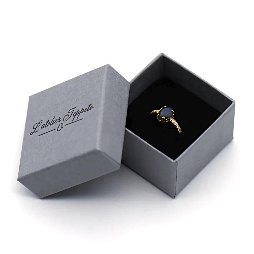 Bague labradorite Soléa en argent 925 doré, livrée dans son écrin Atelier Jeppeto