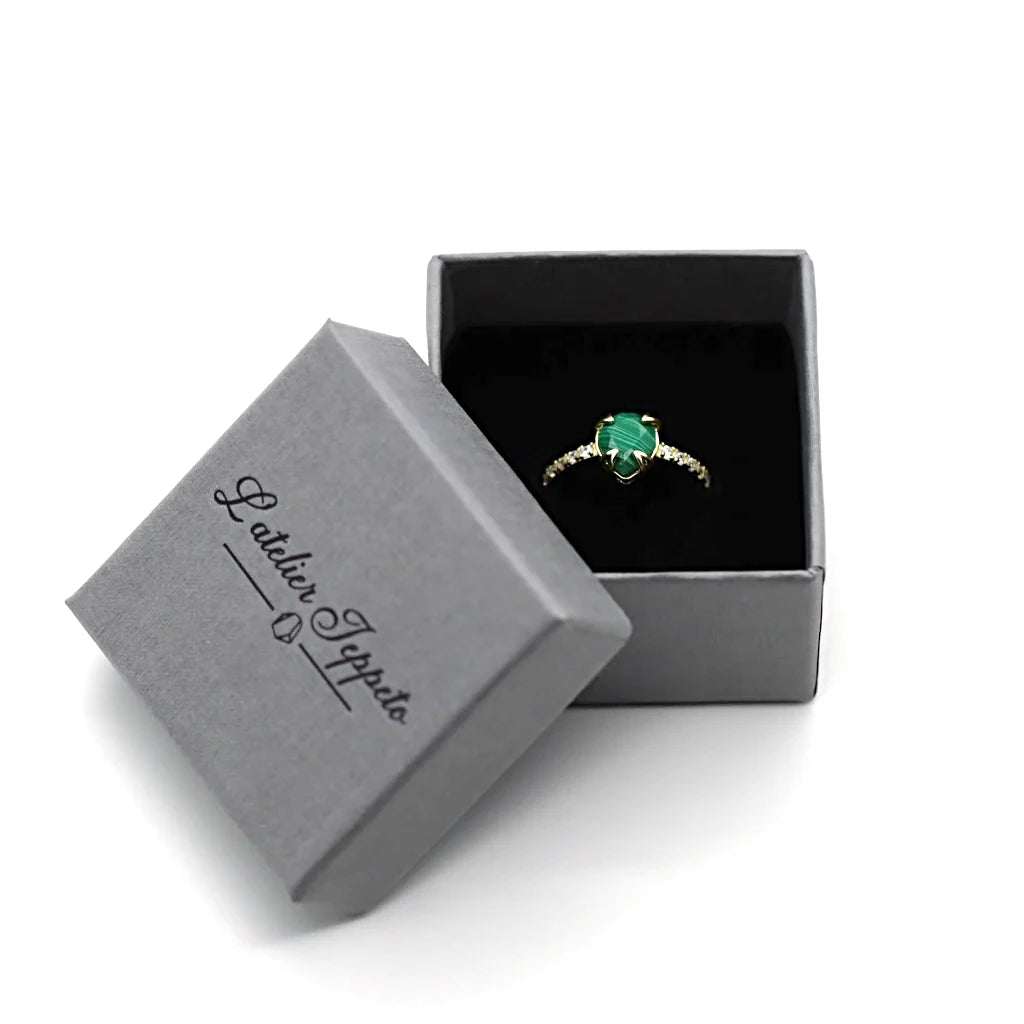 Bague malachite Soléa en argent 925 doré, livrée dans son écrin Atelier Jeppeto
