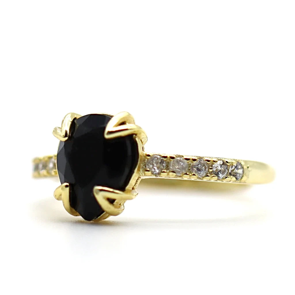 Bague obsidienne noire Soléa avec pierre naturelle noire en forme de goutte, montée sur argent 925 doré