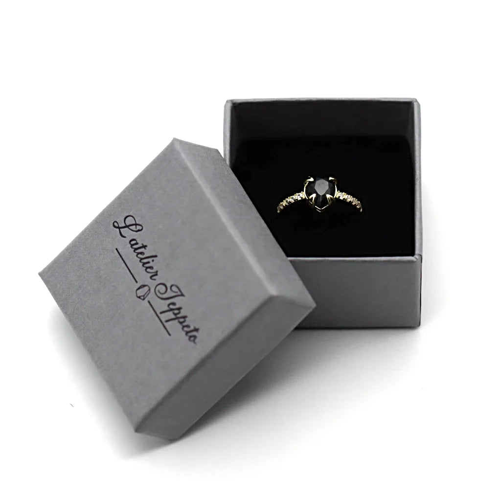 Bague obsidienne noire Soléa en argent 925 doré, livrée dans son écrin Atelier Jeppeto