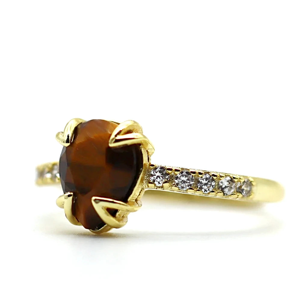 Bague œil de tigre Soléa avec pierre naturelle brune aux reflets irisés dorés, montée sur argent 925 doré