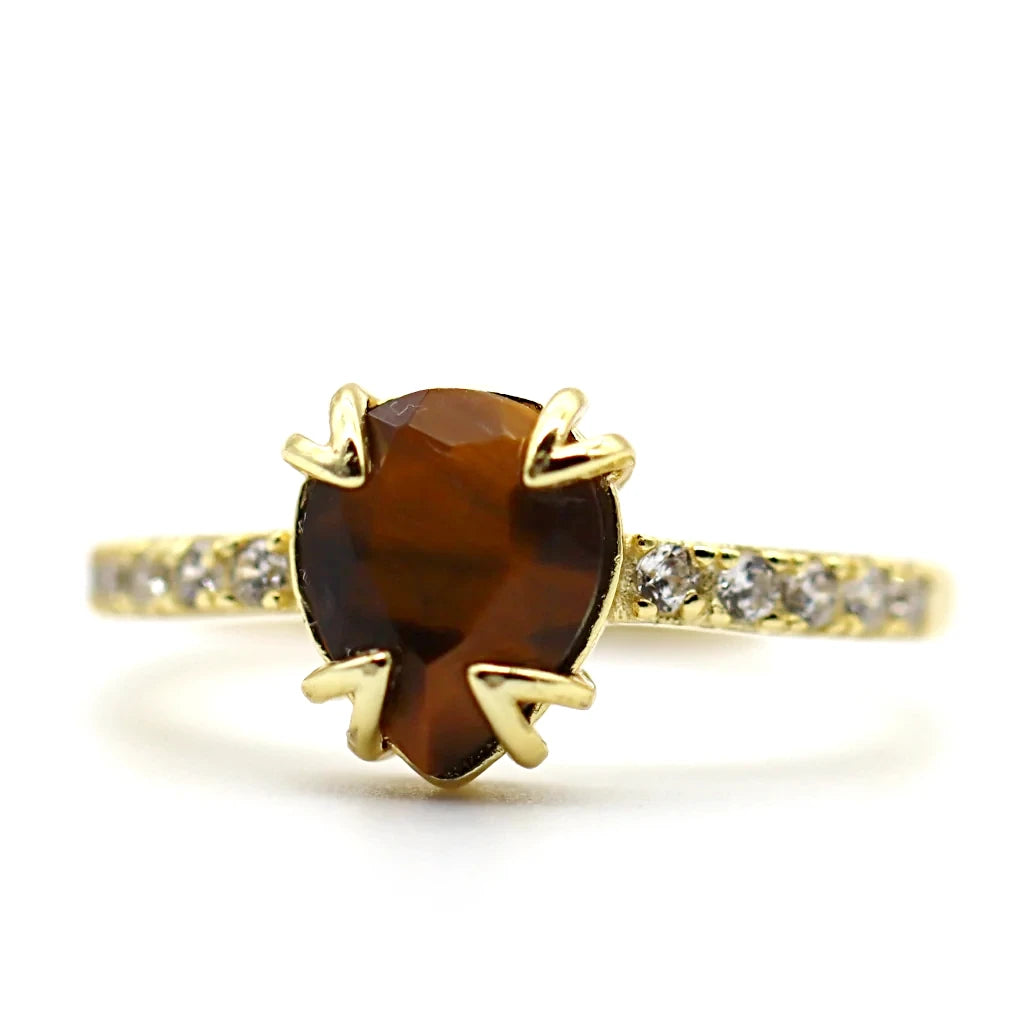 Bague œil de tigre Soléa avec pierre naturelle brune en forme de goutte, montée sur argent 925 doré