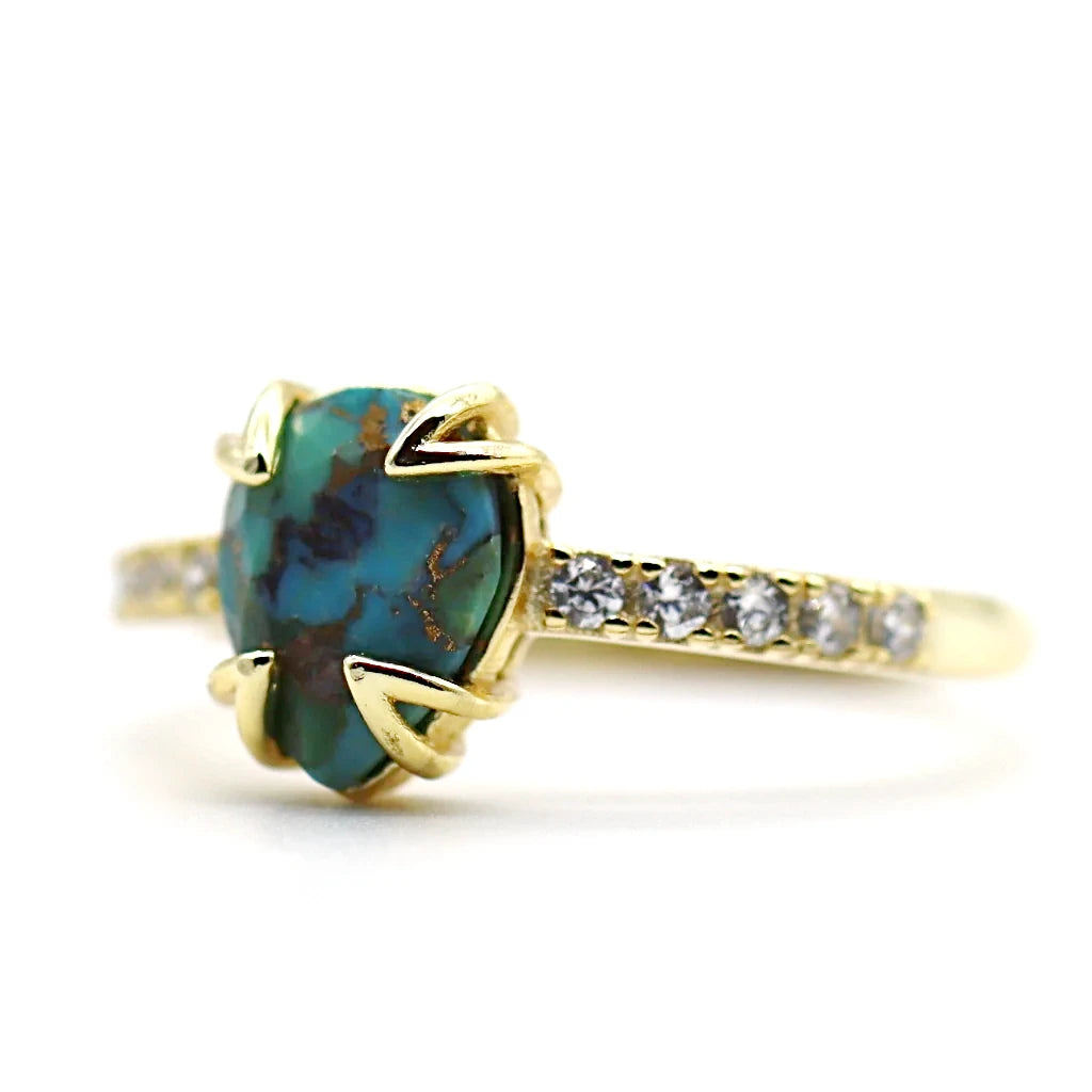 Bague turquoise Soléa en argent 925 doré, pierre naturelle aux nuances bleues et vertes avec détails dorés