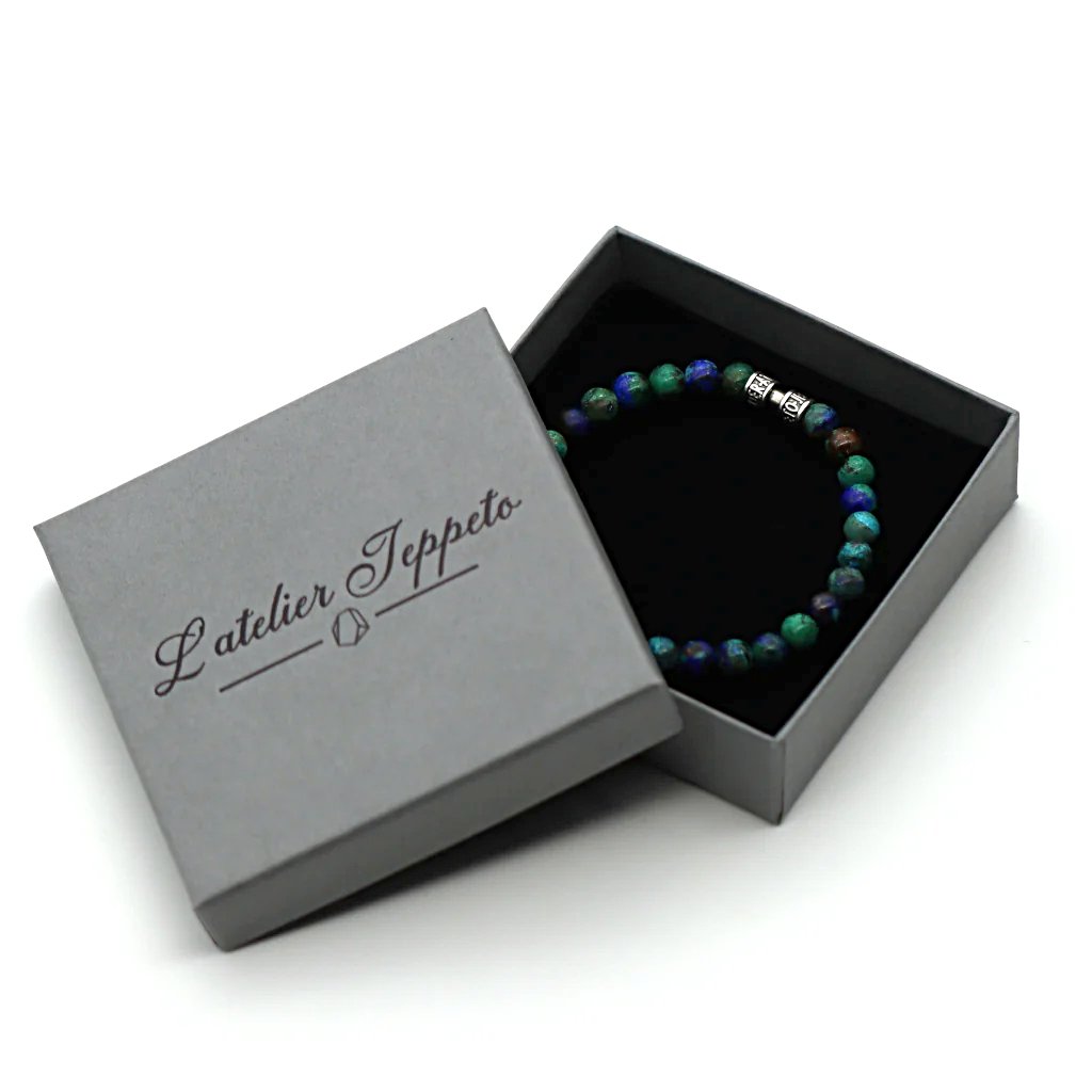 Bracelet en azurite 6 mm et argent 925 dans son coffret Atelier Jeppeto, bijou prêt à offrir
