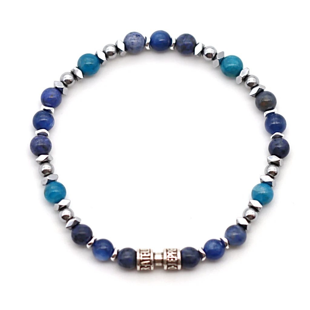 Bracelet pierres naturelles bleu océan 6mm cyanite dumortiérite apatite édition limitée Atelier Jeppeto