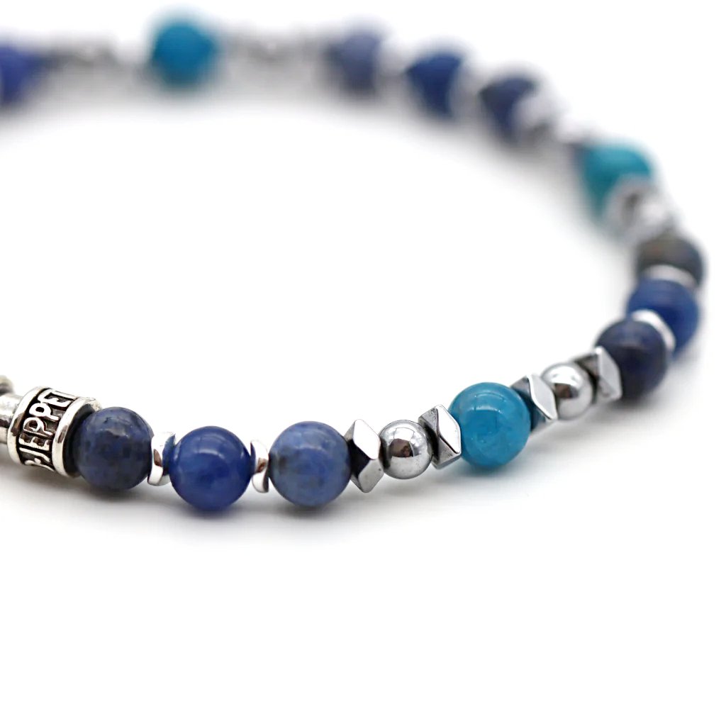 Bracelet éveil des océans, détails sur les pierres bleues apatite, cyanite et dumortiérite