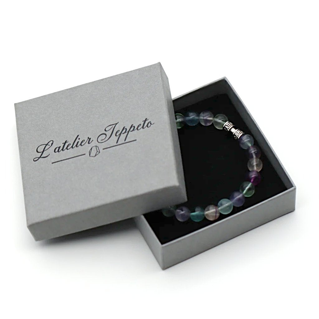 Bracelet fluorite 8mm haut de gamme dans son coffret Atelier Jeppeto – bijou en pierre naturelle fabriqué en France