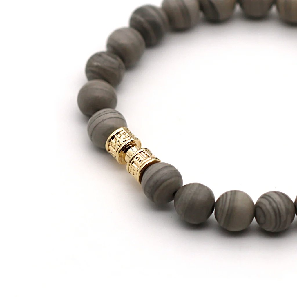 Bracelet jaspe feuille d'argent 8mm finition or dorée