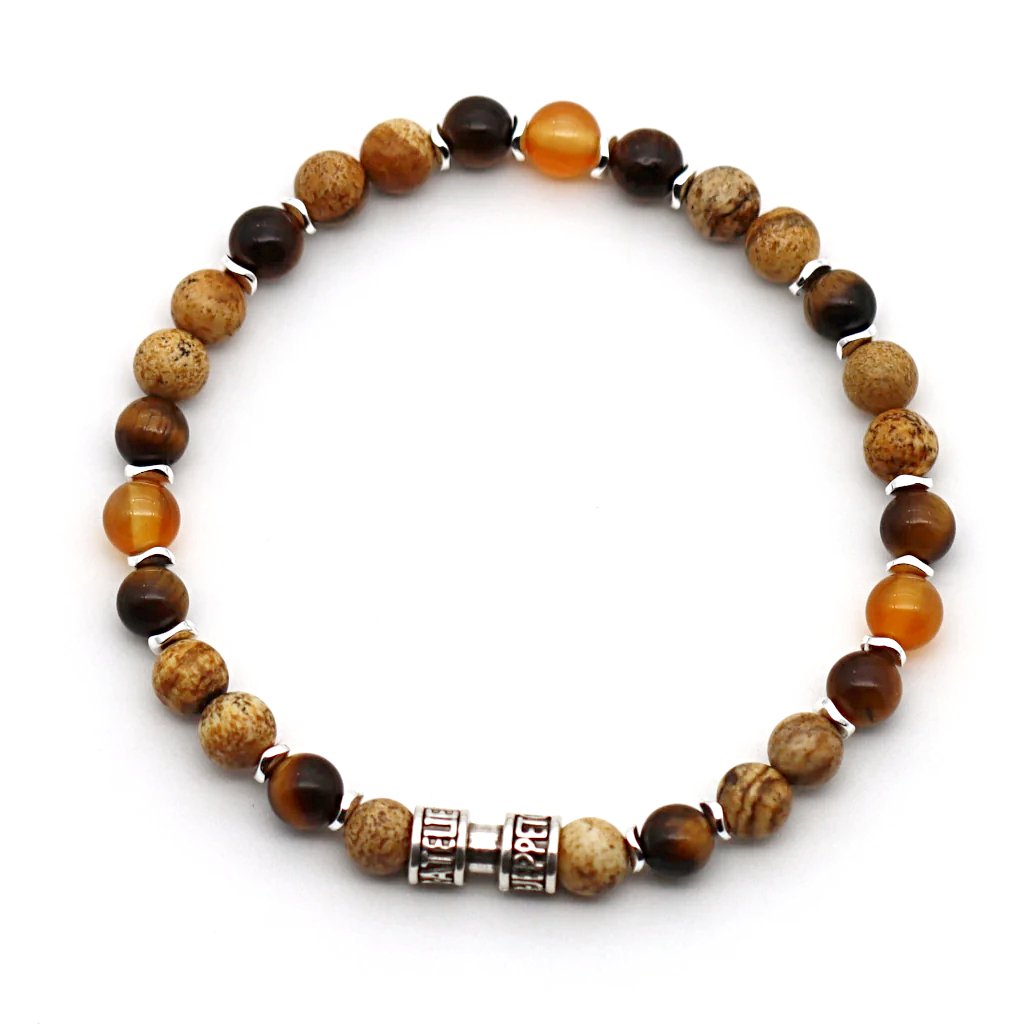 Bracelet pierres naturelles couleur sable 6mm cornaline, oeil de tigre et jaspe paysage édition limitée Atelier Jeppeto