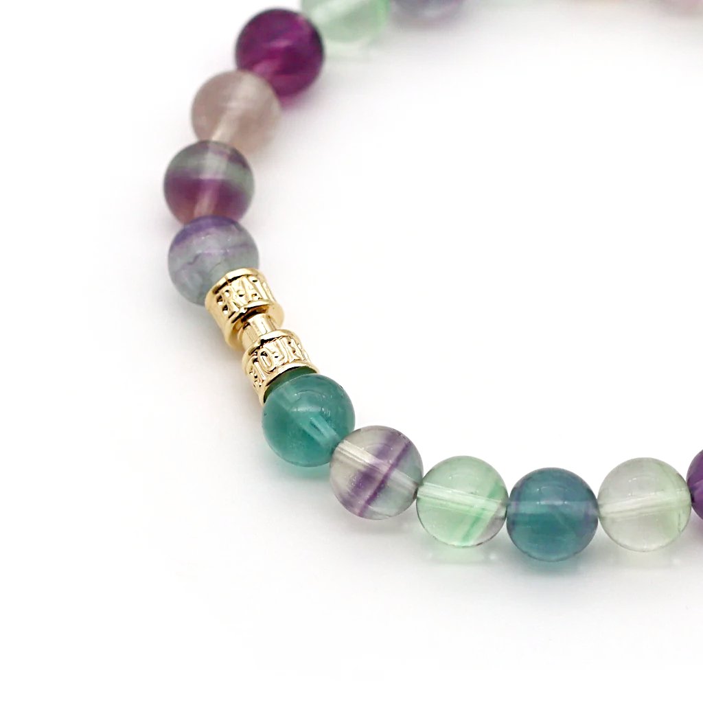 Bracelet fluorite 8mm perles naturelles vertes et violettes avec finition dorée or – pierre naturelle multicolore