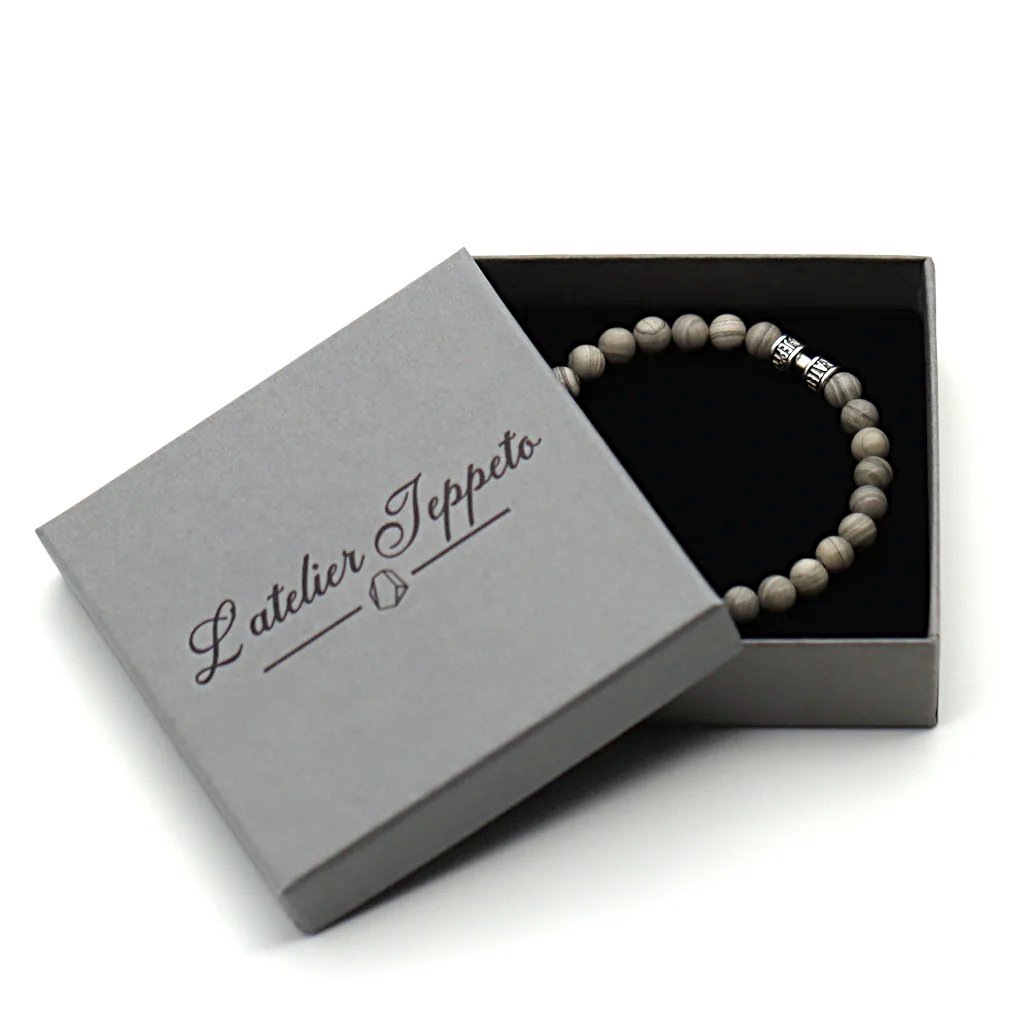 Bracelet jaspe feuille d'argent 6mm lithothérapie boîte cadeau