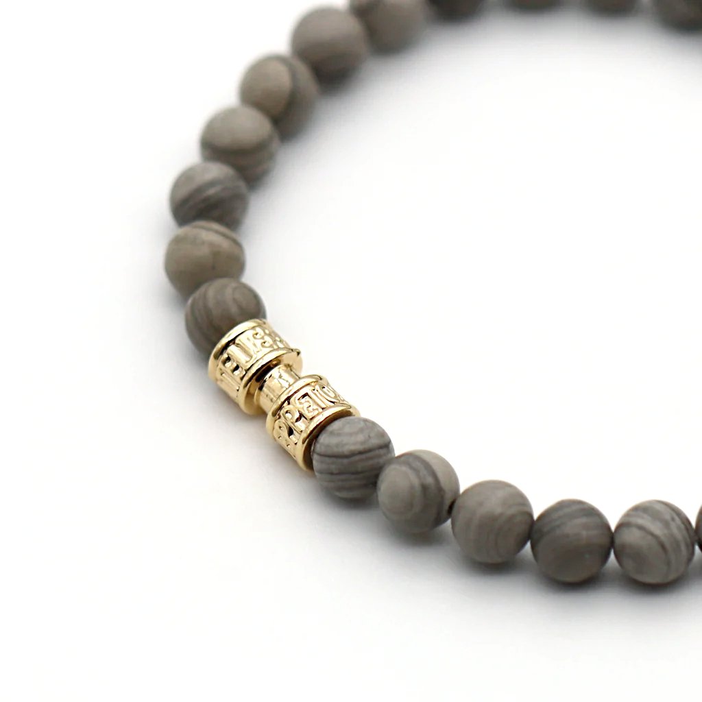 Bracelet pierre jaspe feuille d'argent 6mm finition or dorée