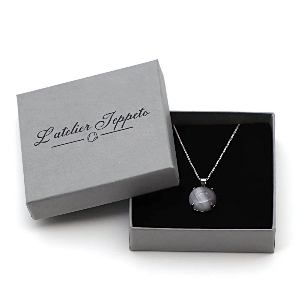 Collier pierre agate botswana et argent - nuances de gris, beige et brun - cadeau prêt à offrir
