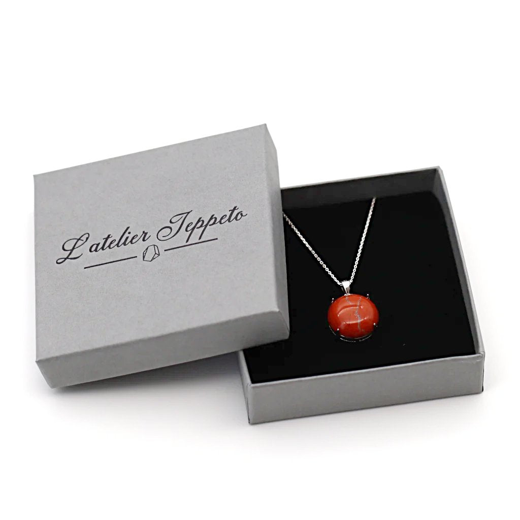Collier pierre jaspe rouge et argent - nuances de rouge brique - cadeau prêt à offrir