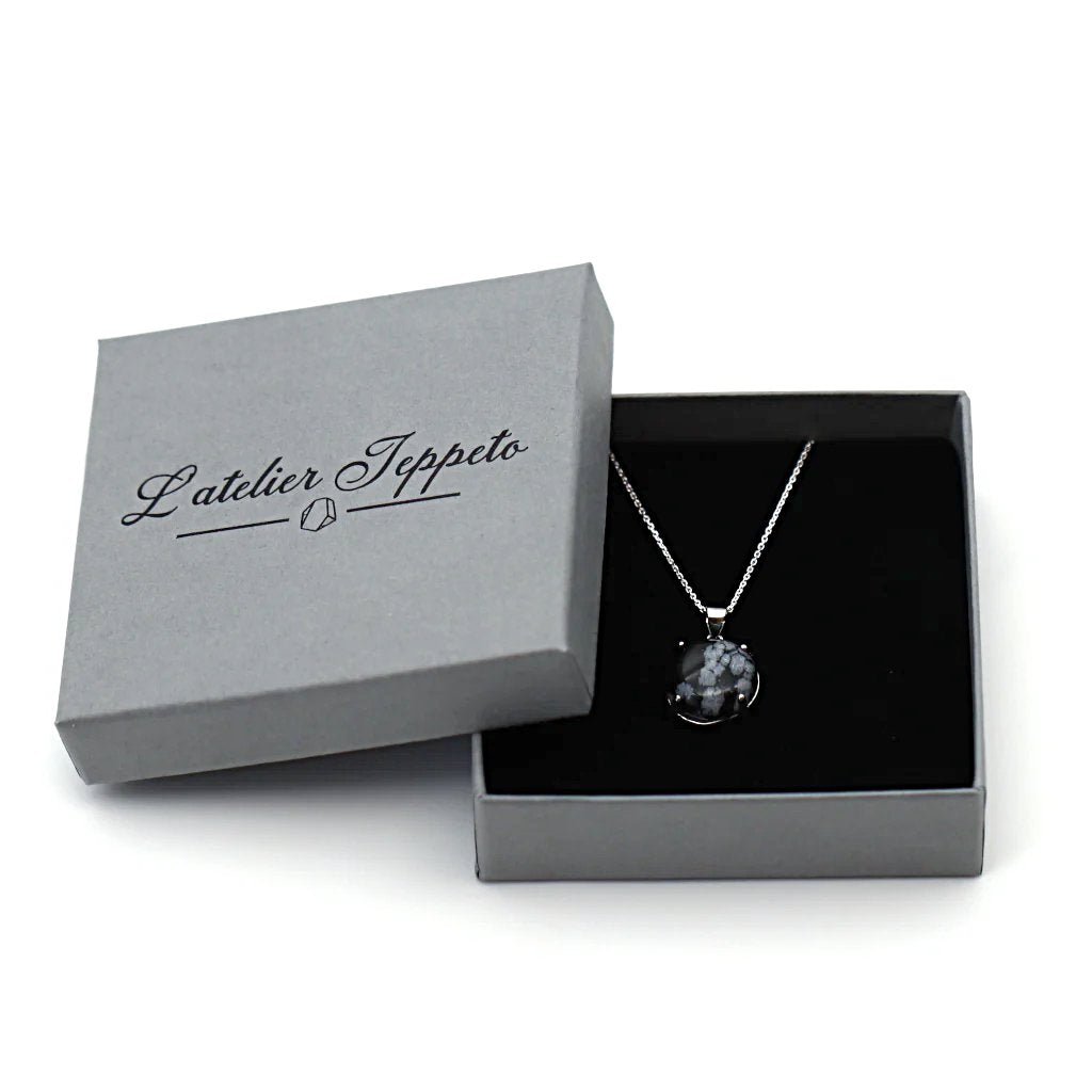 Collier pierre obsidienne neige et argent - cadeau prêt à offrir