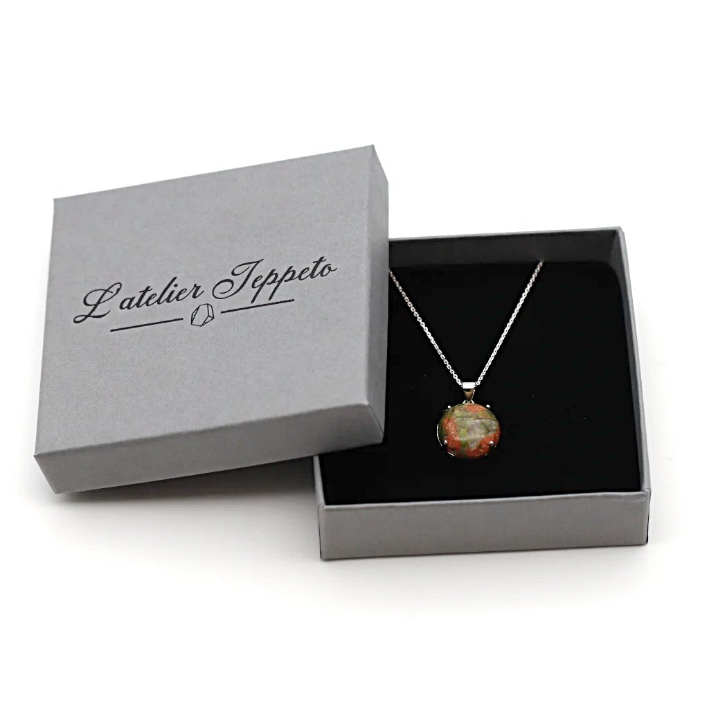 Collier pierre jaspe unakite et argent - nuances de vert et orange - cadeau prêt à offrir
