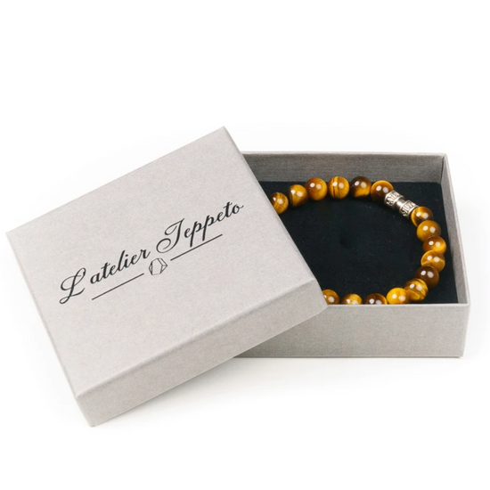 Bracelet Personnalisé Prénom En Œil De Tigre - Perles 8 Mm, Cordon Élastique 16 Cm - Cadeau Homme/Femme - Noël, Fête Des Pères