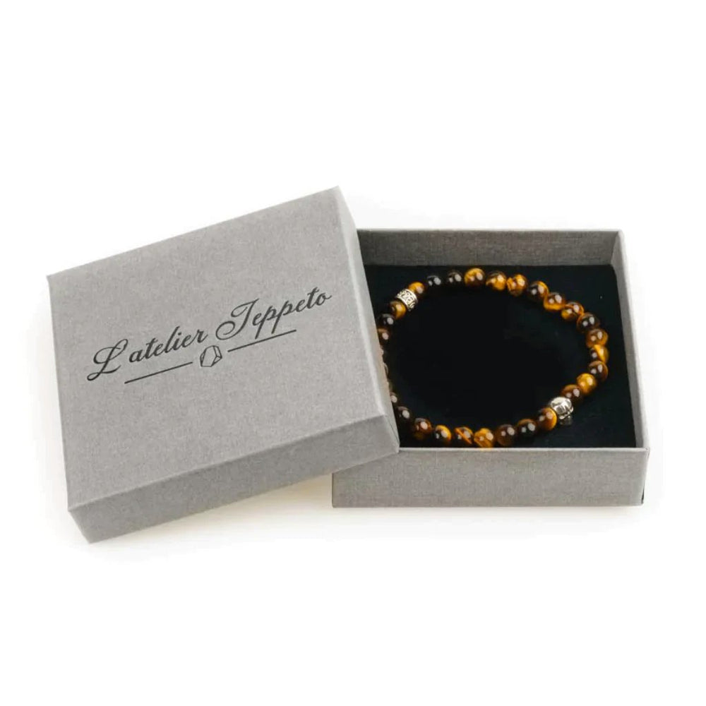 Bracelet tête de mort homme en oeil de tigre brun 6mm
