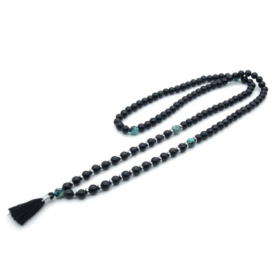 Collier mala 108 perles obsidienne et turquoise