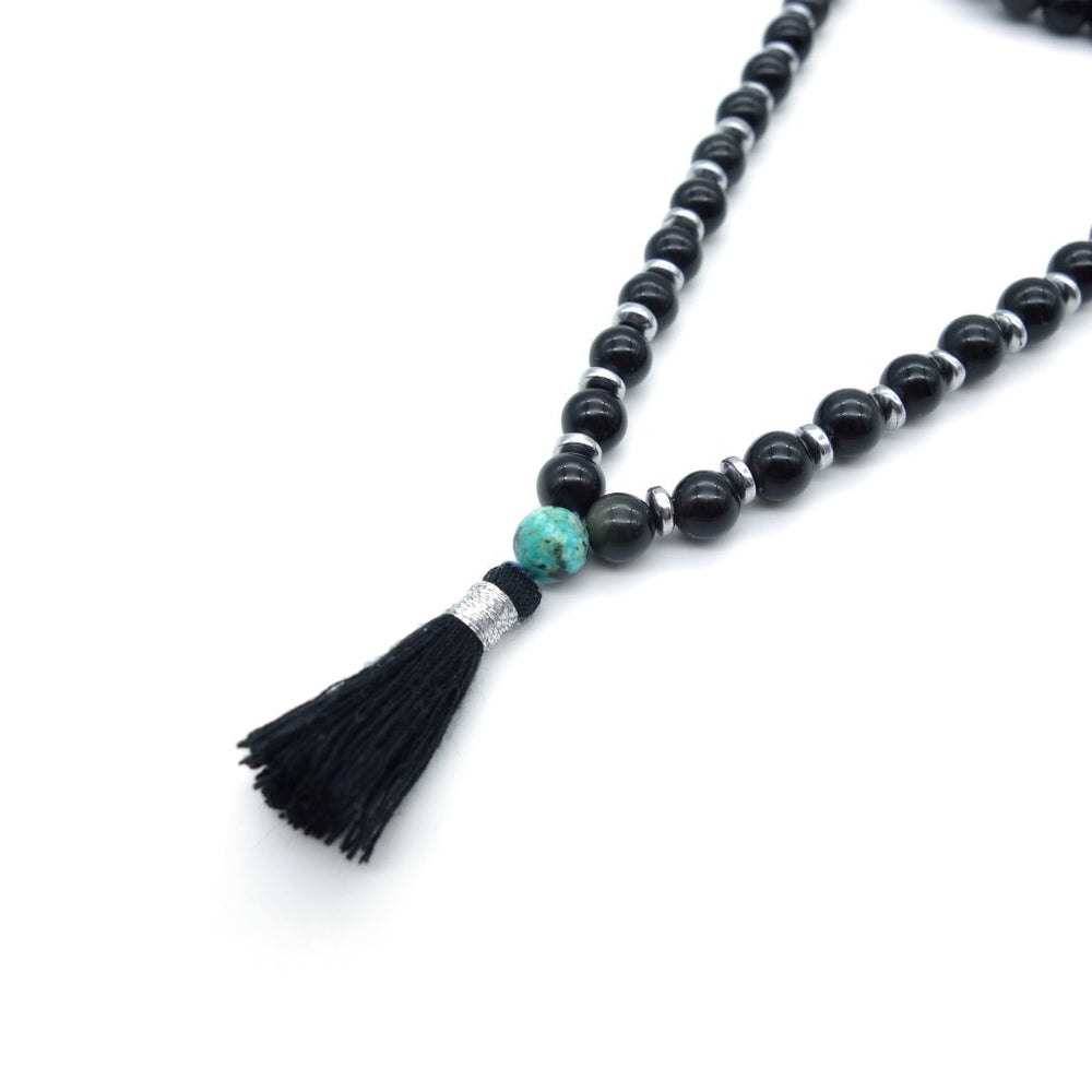 Mala pompon obsidienne et turquoise