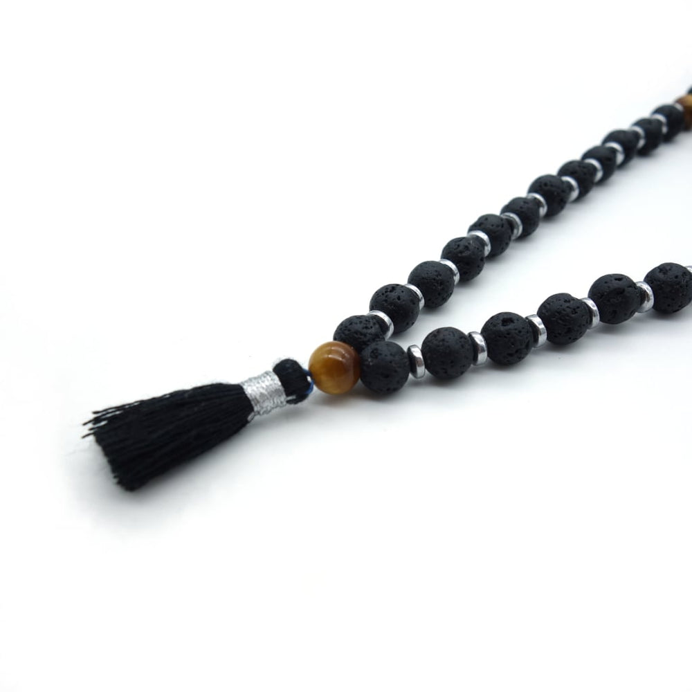 Collier mala pompon pierre de lave et œil de tigre
